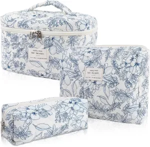 3 Sizes Pcs Cotton Quilted Makeup Bag Set, Travel Toiletry Personalized Cute Blue Floral Cosmetic Makeup Bag Extra Large Small Organizer Bags (Blue Line Flowers)