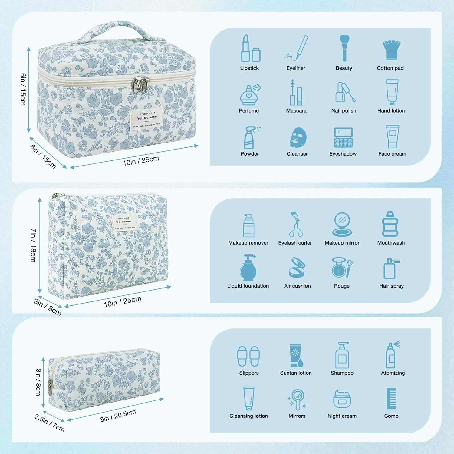 3 Sizes Pcs Cotton Quilted Makeup Bag Set, Travel Toiletry Personalized Cute Blue Floral Cosmetic Makeup Bag Extra Large Small Organizer Bags (Blue Line Flowers)