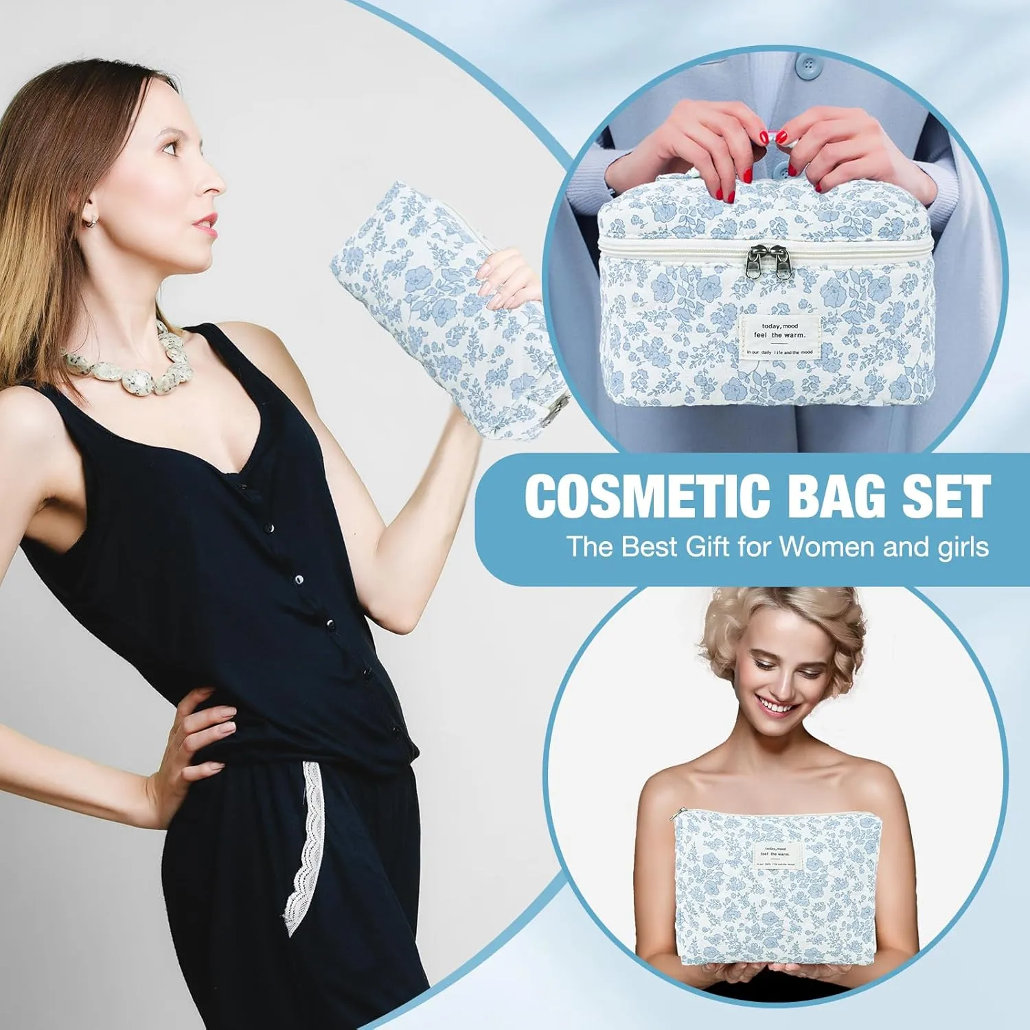 3 Sizes Pcs Cotton Quilted Makeup Bag Set, Travel Toiletry Personalized Cute Blue Floral Cosmetic Makeup Bag Extra Large Small Organizer Bags (Blue Line Flowers)