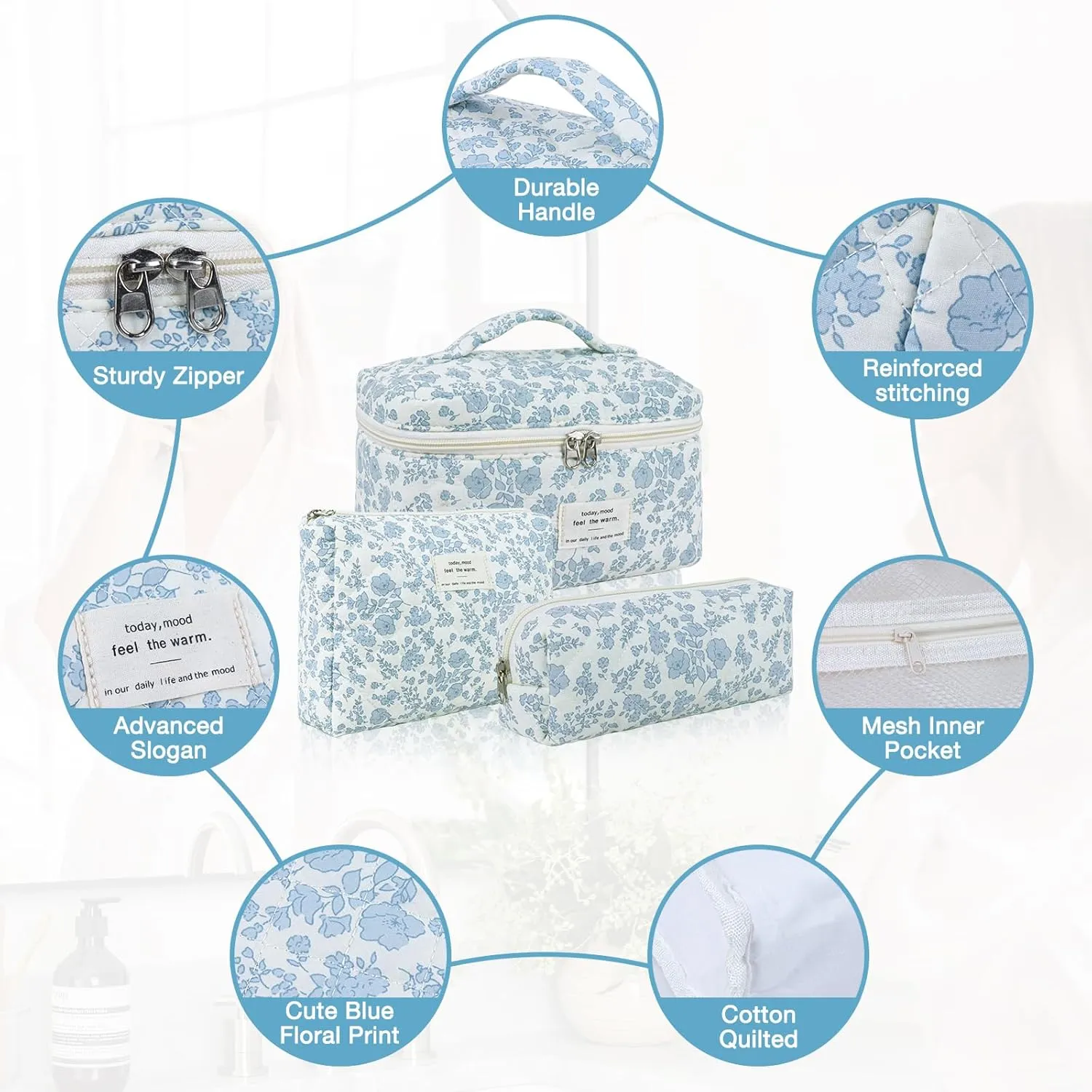 3 Sizes Pcs Cotton Quilted Makeup Bag Set, Travel Toiletry Personalized Cute Blue Floral Cosmetic Makeup Bag Extra Large Small Organizer Bags (Blue Line Flowers)