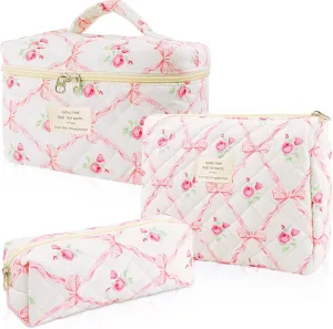 3 Sizes Pcs Cotton Quilted Makeup Bag Set, Travel Toiletry Personalized Cute Blue Floral Cosmetic Makeup Bag Extra Large Small Organizer Bags (Pink Bow & Roses)