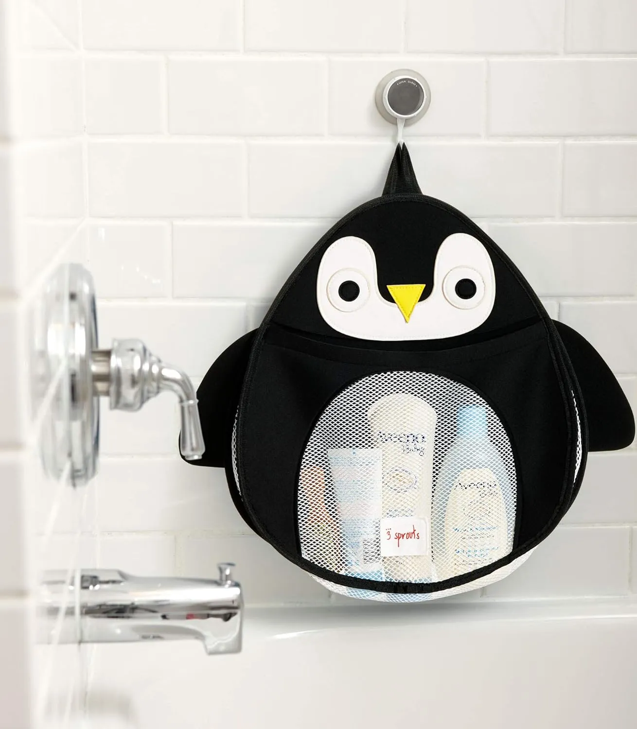 3 Sprouts Hanging Bath Toy Holder for Bathtub - Storage Caddy with Baby Organizer - Shower & Bath Tub Toy Storage Basket, Penguin