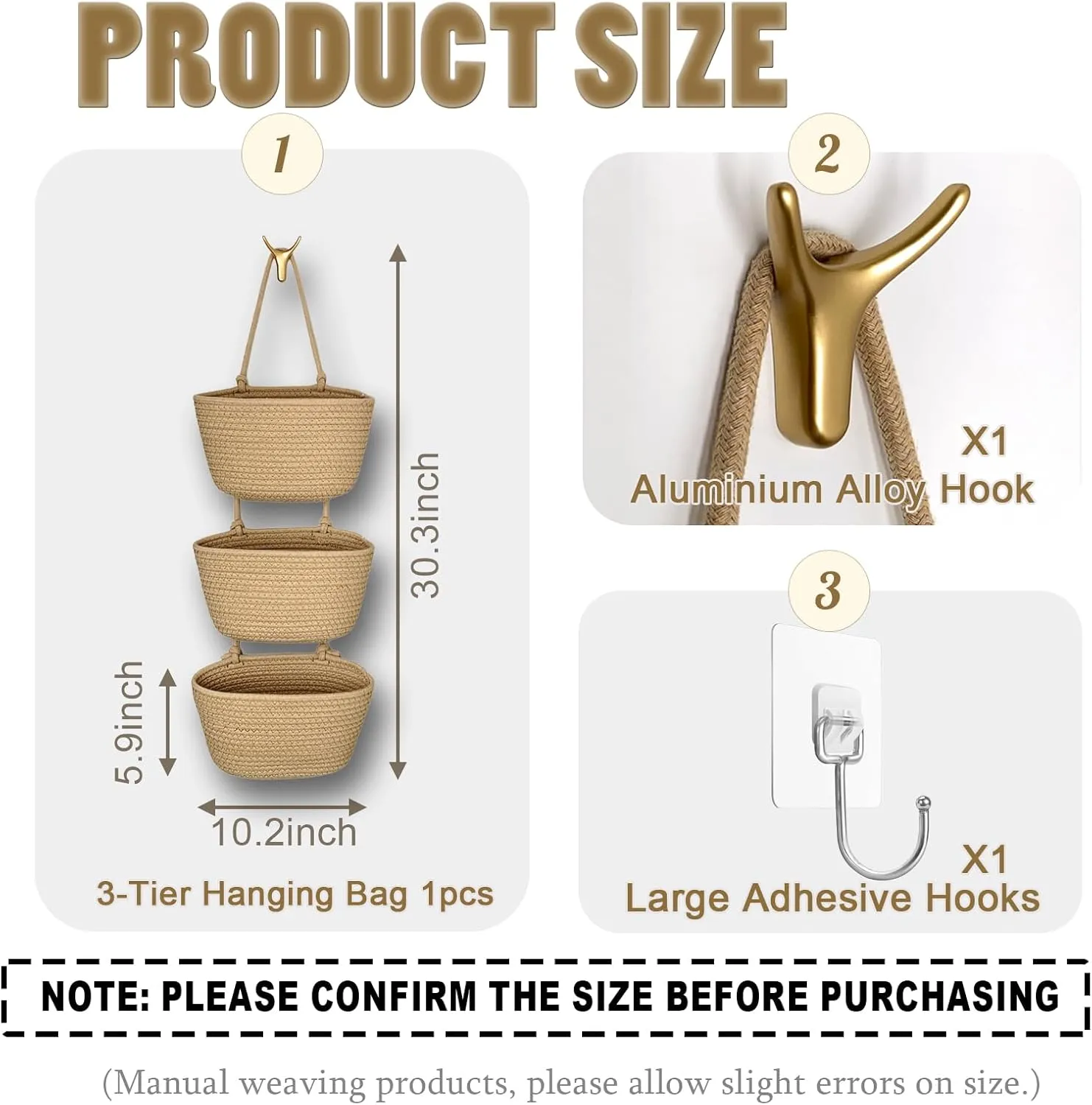 3-Tier Decorative Cotton Rope Hanging Basket, Wall-Mounted Woven Storage Organizer Bag, Jute