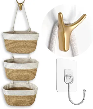 3-Tier Decorative Cotton Rope Hanging Basket, Wall-Mounted Woven Storage Organizer Bag, White   Jute