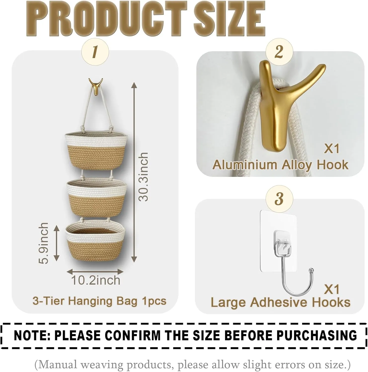 3-Tier Decorative Cotton Rope Hanging Basket, Wall-Mounted Woven Storage Organizer Bag, White   Jute