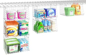 3-Tier Hanging Laundry Basket Organizer：Foldable Wire Shelf Laundry Room Organizer with 360°Rotating Hooks Space Saving Over Washer and Dryer Shelves - Laundry Organization and Storage, White Patent