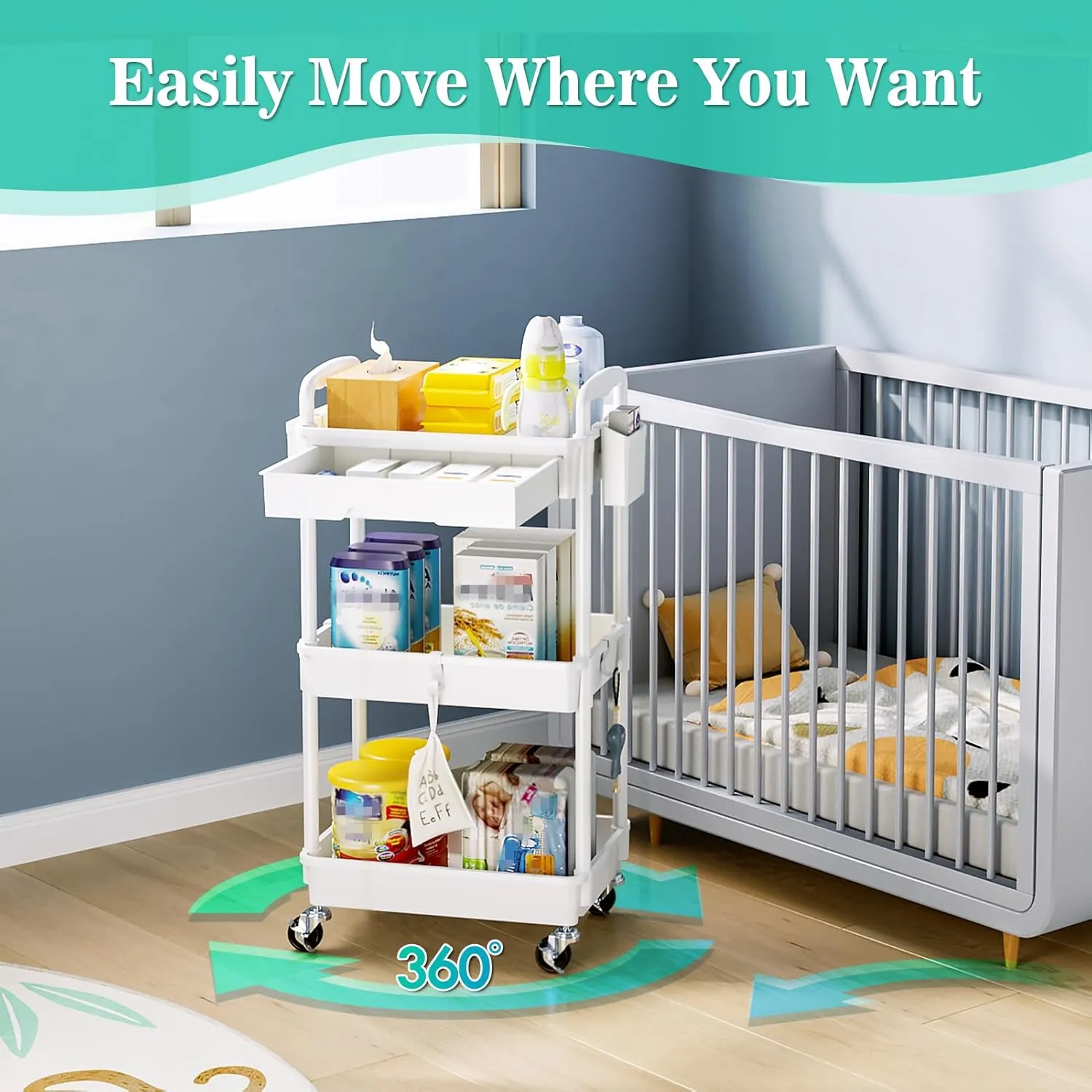3-Tier Rolling Cart with Drawer & Lockable Wheels, Plastic Shelf Storage Organizer Cart – Easy Assembly, Waterproof Design for Kitchen, Bathroom, Office, White
