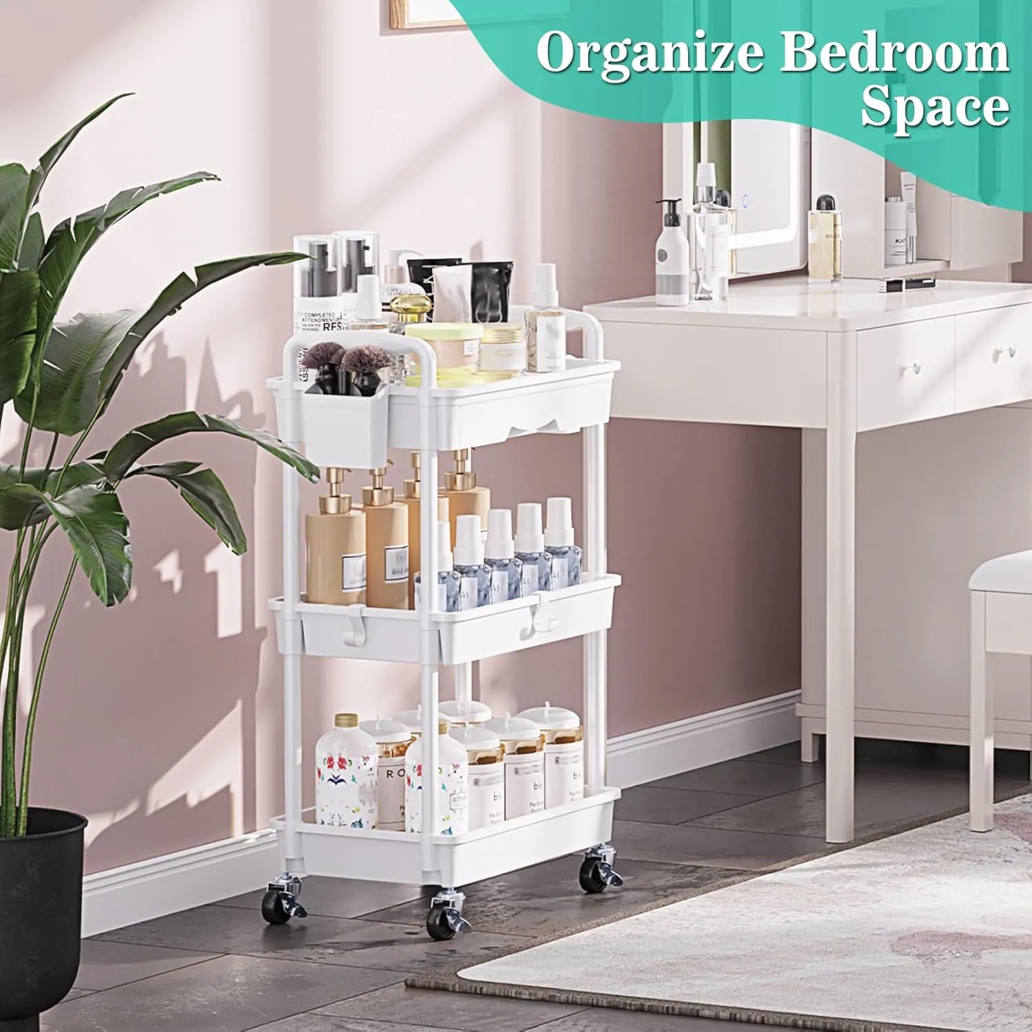 3-Tier Rolling Cart with Drawer & Lockable Wheels, Plastic Shelf Storage Organizer Cart – Easy Assembly, Waterproof Design for Kitchen, Bathroom, Office, White
