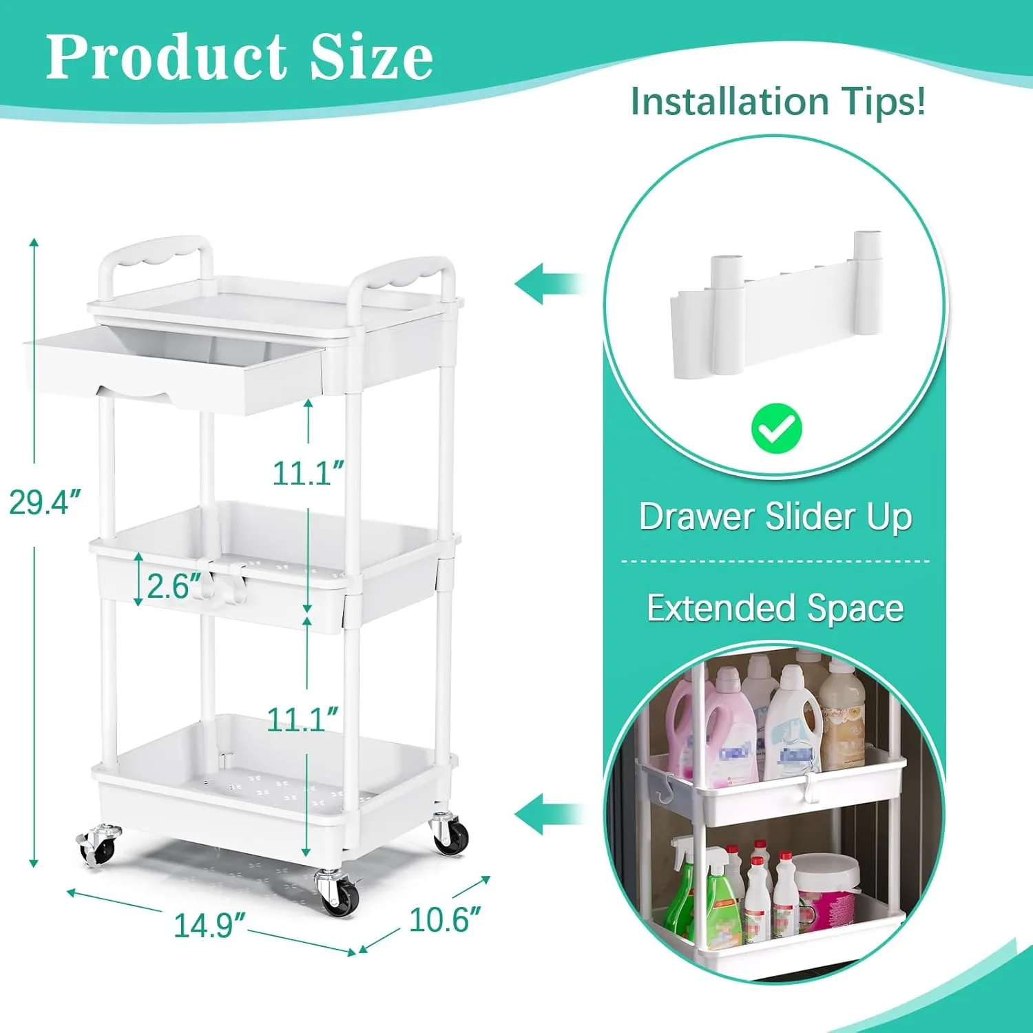 3-Tier Rolling Cart with Drawer & Lockable Wheels, Plastic Shelf Storage Organizer Cart – Easy Assembly, Waterproof Design for Kitchen, Bathroom, Office, White