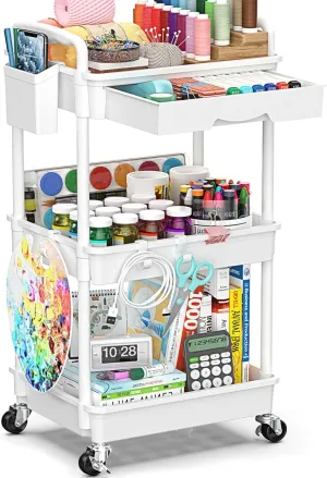 3-Tier Rolling Cart with Drawer & Lockable Wheels, Plastic Shelf Storage Organizer Cart – Easy Assembly, Waterproof Design for Kitchen, Bathroom, Office, White