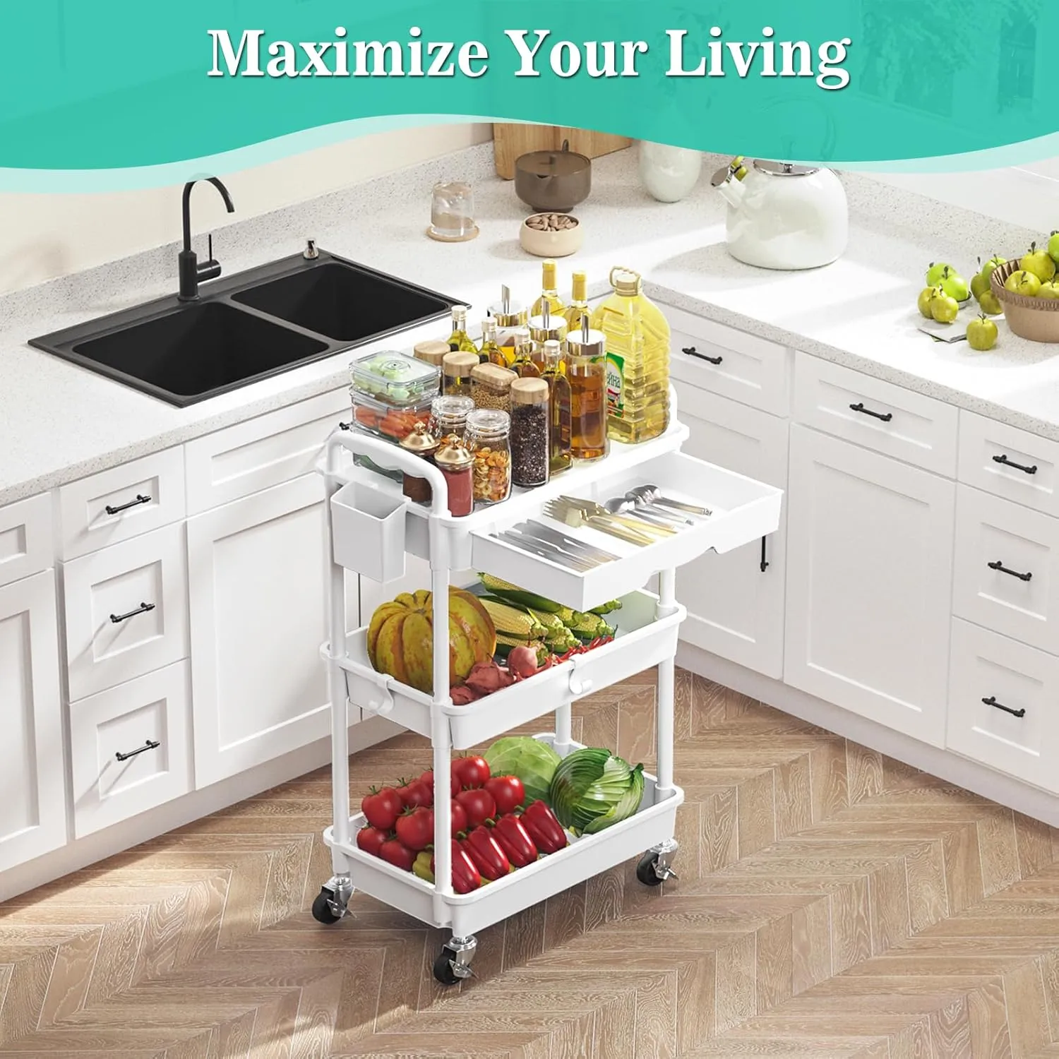 3-Tier Rolling Cart with Drawer & Lockable Wheels, Plastic Shelf Storage Organizer Cart – Easy Assembly, Waterproof Design for Kitchen, Bathroom, Office, White