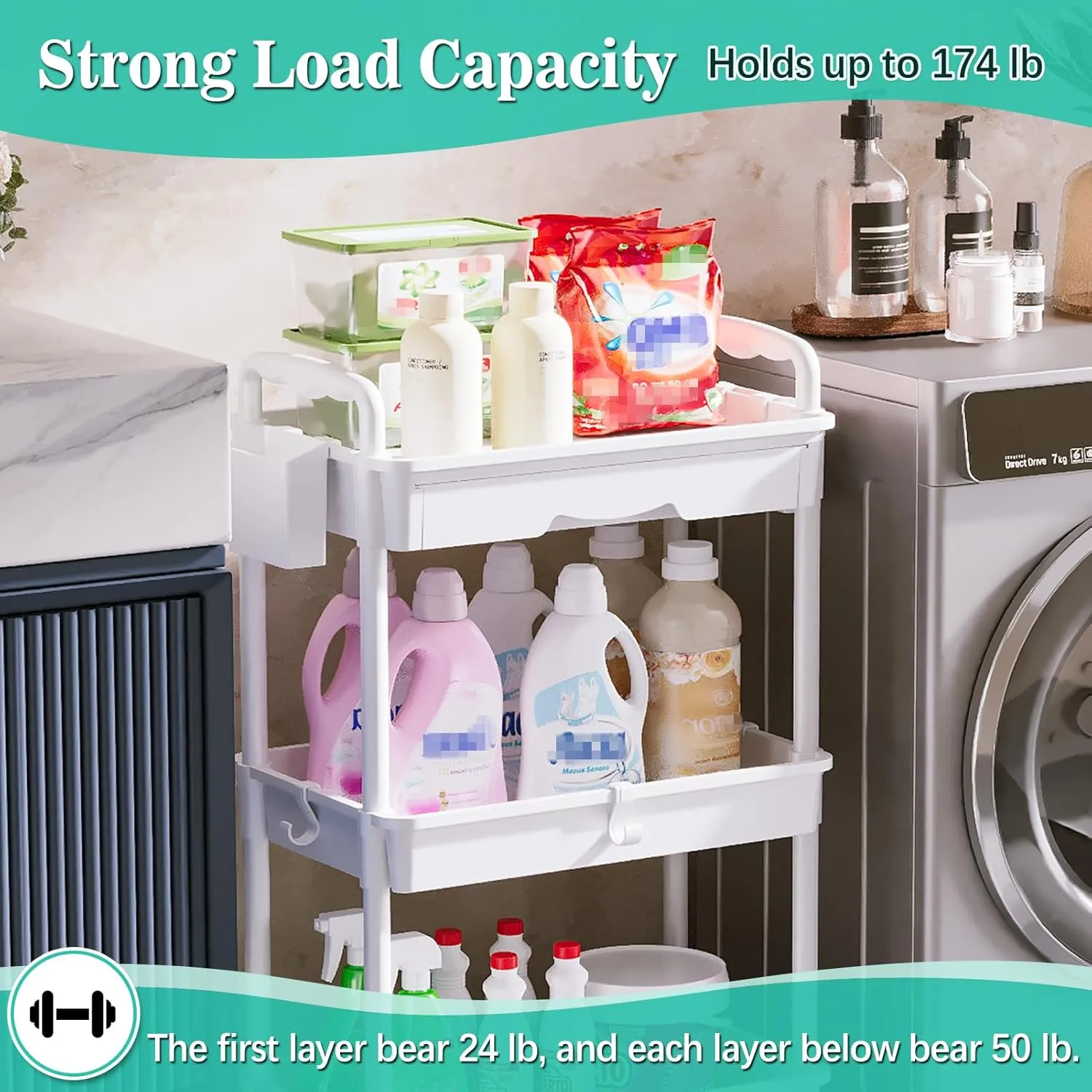 3-Tier Rolling Cart with Drawer & Lockable Wheels, Plastic Shelf Storage Organizer Cart – Easy Assembly, Waterproof Design for Kitchen, Bathroom, Office, White