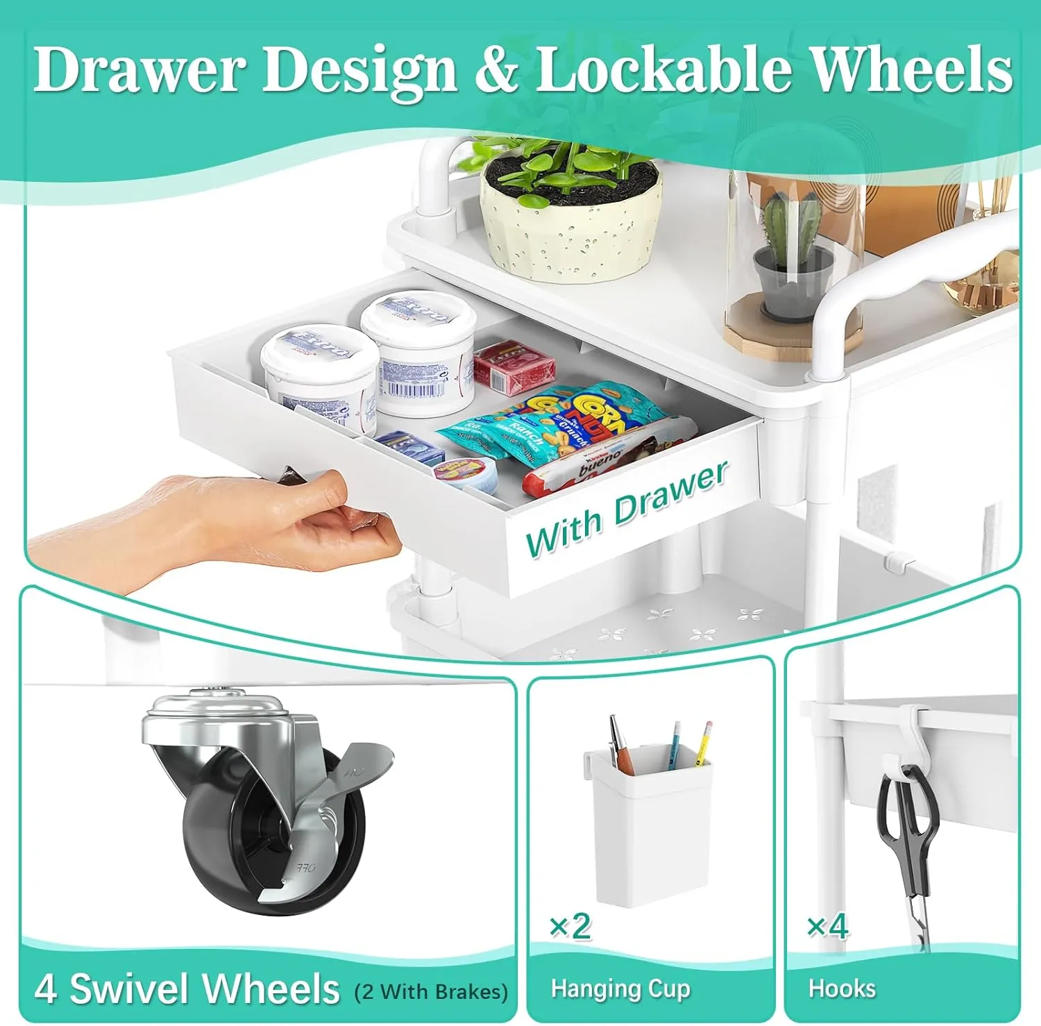 3-Tier Rolling Cart with Drawer & Lockable Wheels, Plastic Shelf Storage Organizer Cart – Easy Assembly, Waterproof Design for Kitchen, Bathroom, Office, White