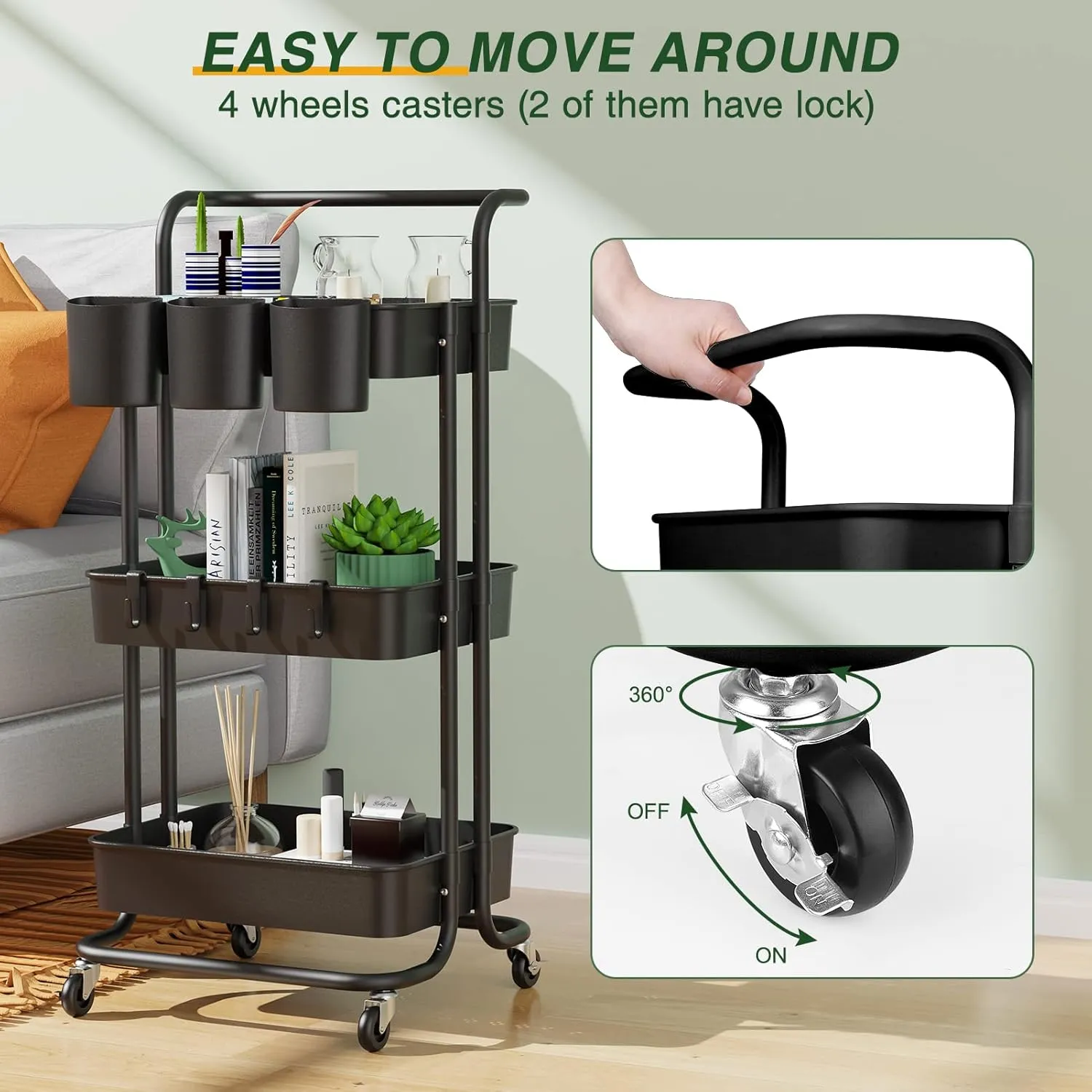 3-Tier Rolling Mobile Utility Cart with Hanging Cups & Hooks & Handle Multifunctional Organizer Storage Trolley Service Cart with Wheels Easy Assembly for Office, Bathroom, Kitchen (Black)