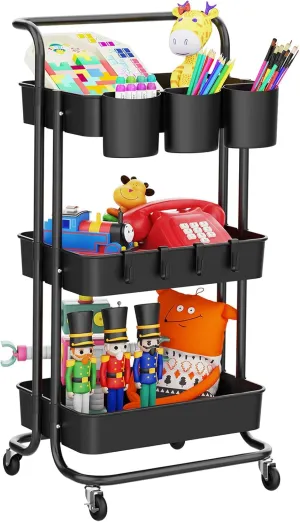 3-Tier Rolling Mobile Utility Cart with Hanging Cups & Hooks & Handle Multifunctional Organizer Storage Trolley Service Cart with Wheels Easy Assembly for Office, Bathroom, Kitchen (Black)