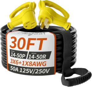 30 FT 50 Amp RV/EV Extension Cord Outdoor with Grip Handle, 4 Prong Flexible Heavy Duty 6/3 8/1 Gauge STW RV Power Cord Waterproof, NEMA 14-50P to 14-50R, Black-Yellow, ETL Listed