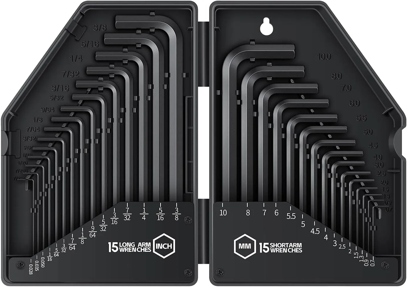 30 PCS Hex Head Key Allen Wrench Tool Set Organizer Kit Alloy Steel L Shape Black Metric (0.7-10 mm) SAE (0.028"-3/8") Standard In Storage Case Long Short Arm