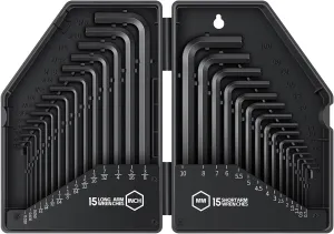 30 PCS Hex Head Key Allen Wrench Tool Set Organizer Kit Alloy Steel L Shape Black Metric (0.7-10 mm) SAE (0.028"-3/8") Standard In Storage Case Long Short Arm