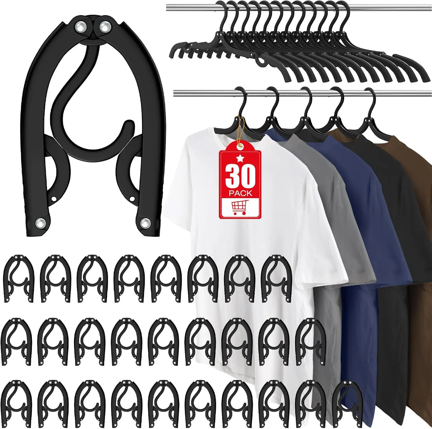 30 Pcs Travel Hangers Portable Foldable Travel Hanger Organizer, Plastic Travel Accessories Essentials Clothes Drying Rack Folding Hangers for Traveling Camping Flying RV Cruises Suitcase, Black