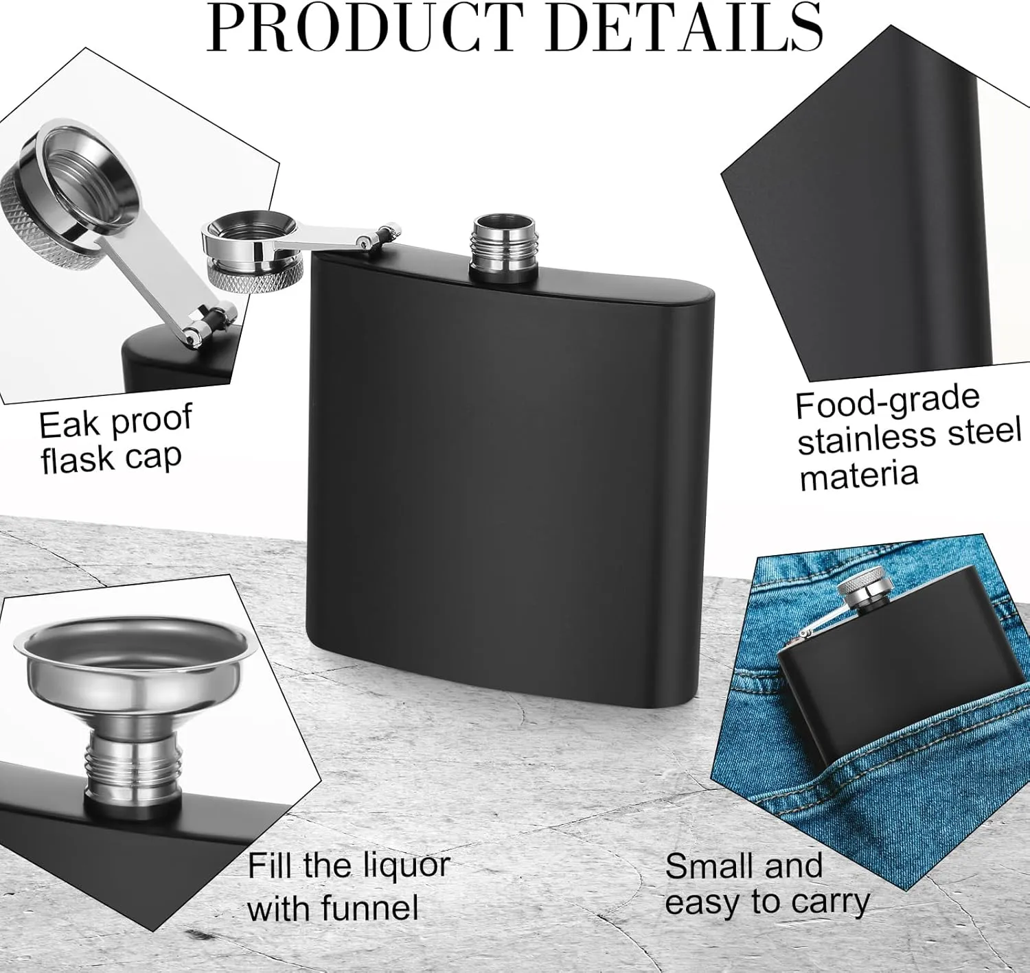 30 Pieces Hip Flasks Set Stainless Steel Liquor Flask with Funnel Metal Leak Proof Flask Pocket Whiskey Flasks for Men Women Bridesmaid Wedding Party Supplies (Black,6 oz)