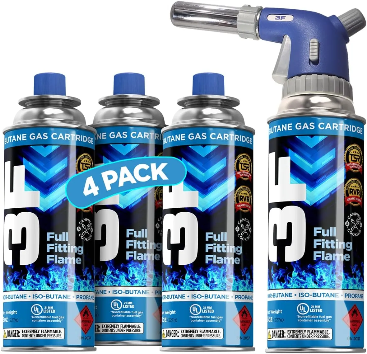 3F Culinary Professional Torch   4 Butane Canisters Included Cooking Torch Baking Searing Campfires Charcoal Grills Camping Butane Fuel