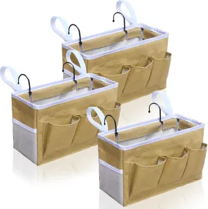 3pcs Bedside Caddy Storage Organizer, Hanging Bag Holder with Pockets for Bedroom, Loft Bed Tent, Bed Curtain, Top Bunk bed Shelf Accessories (Khaki)