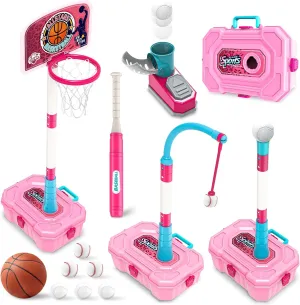 4-in-1 Toddler Basketball Hoops and T-Ball Set, Height Adjustable Kids Basketball Hoops, Baseball Launcher, Indoor/Outdoor Hanging T-Ball Baseball Toys for Boys and Girls Ages 3 (Pink)