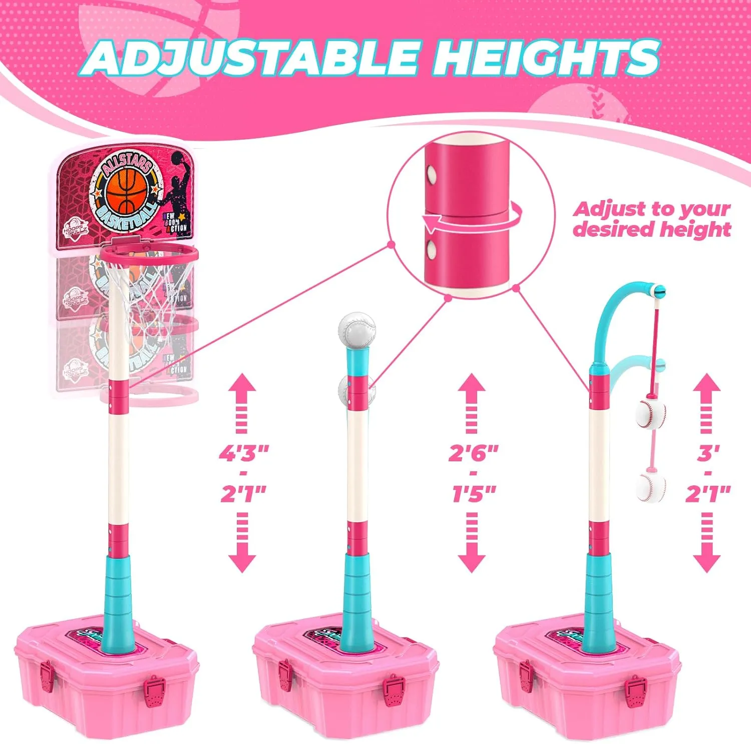 4-in-1 Toddler Basketball Hoops and T-Ball Set, Height Adjustable Kids Basketball Hoops, Baseball Launcher, Indoor/Outdoor Hanging T-Ball Baseball Toys for Boys and Girls Ages 3 (Pink)