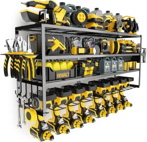 4 Layers Large Power Tool Organizer Wall Mount for Fathers, Heavy Duty Metal Loads 360lbs with 8 Cordless Drill Holders, Workshop Power Tool Shelf Battery Storage for Garage Storage