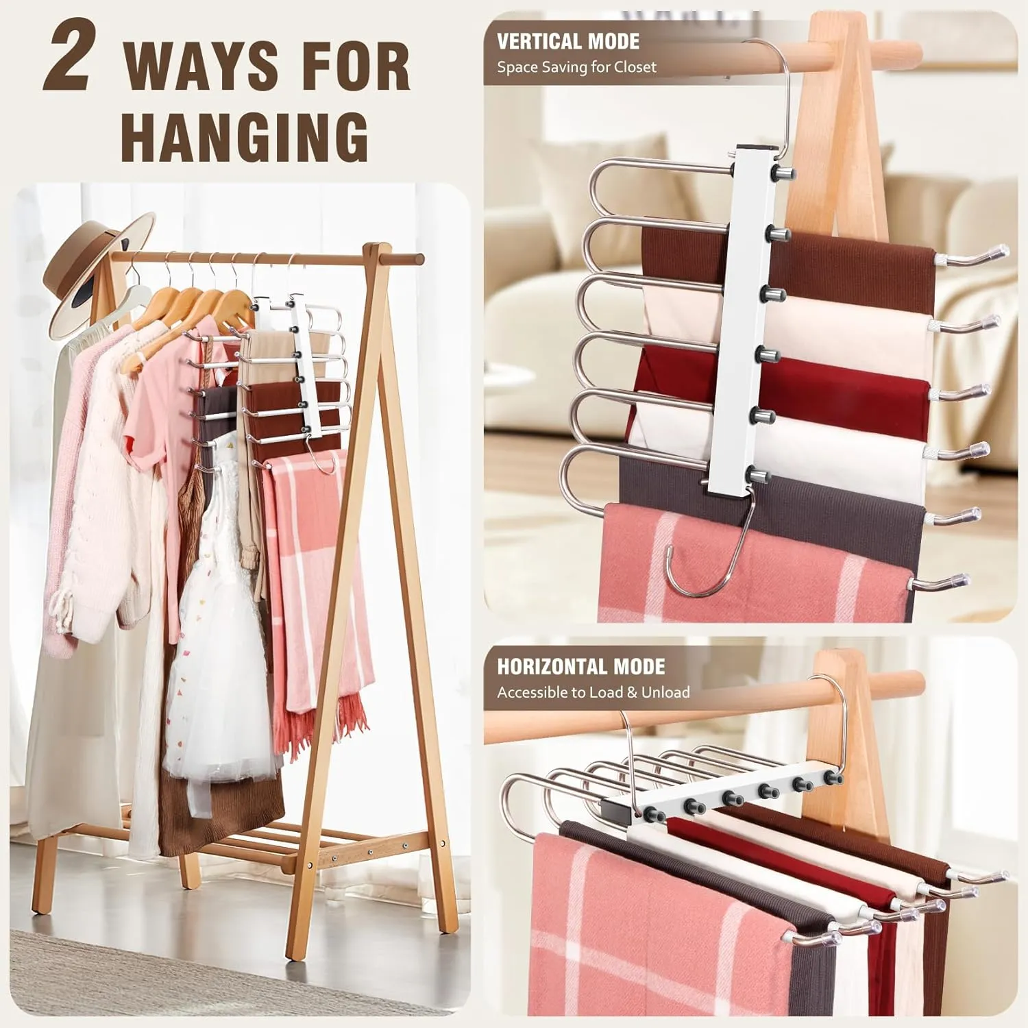 4 Pack 6-Tier Space Saving White Pant Hangers, Anti-Slip, Lightweight, Stainless Steel, Ideal for Closet Organization, Free Installation