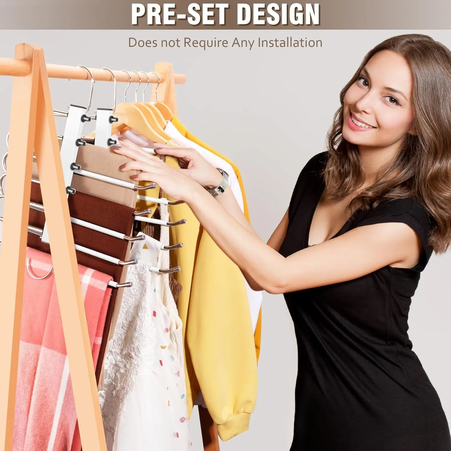 4 Pack 6-Tier Space Saving White Pant Hangers, Anti-Slip, Lightweight, Stainless Steel, Ideal for Closet Organization, Free Installation