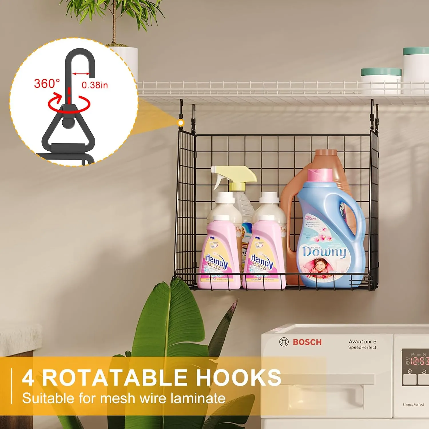 4-Pack Hanging Laundry Room Organizer：Foldable Laundry Room Organizaton Wire Basket with 360°Rotating Hooks Space Saving Over Washer and Dryer Shelves - Metal Laundry Basket Storage, Black Patent