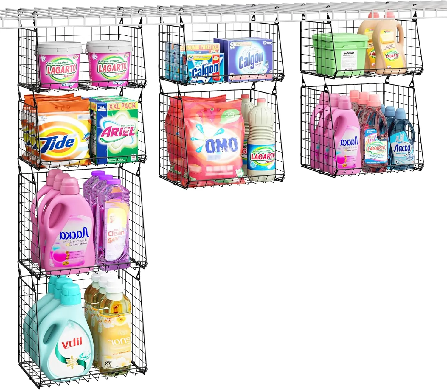 4-Pack Hanging Laundry Room Organizer：Foldable Laundry Room Organizaton Wire Basket with 360°Rotating Hooks Space Saving Over Washer and Dryer Shelves - Metal Laundry Basket Storage, Black Patent