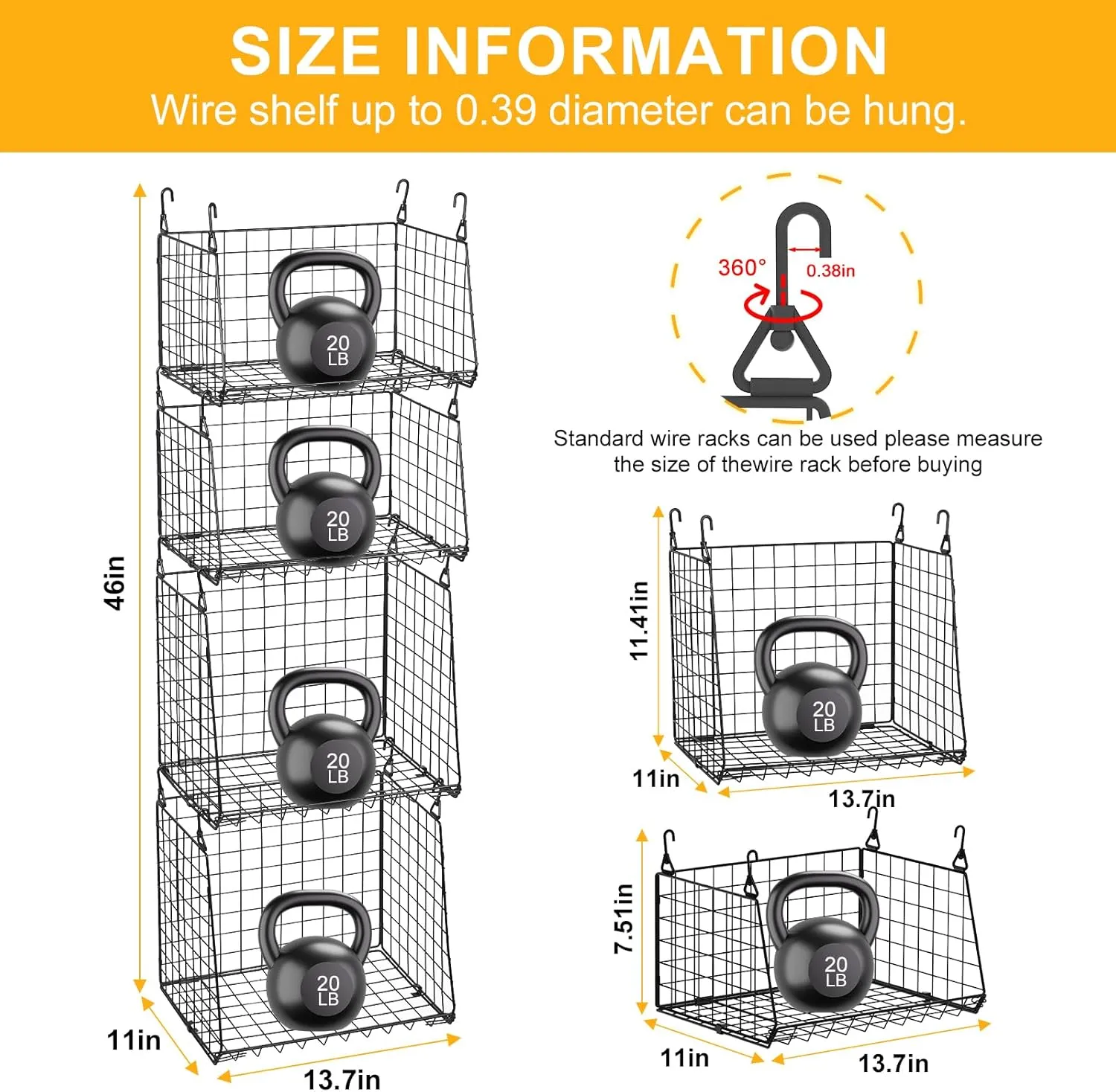 4-Pack Hanging Laundry Room Organizer：Foldable Laundry Room Organizaton Wire Basket with 360°Rotating Hooks Space Saving Over Washer and Dryer Shelves - Metal Laundry Basket Storage, Black Patent