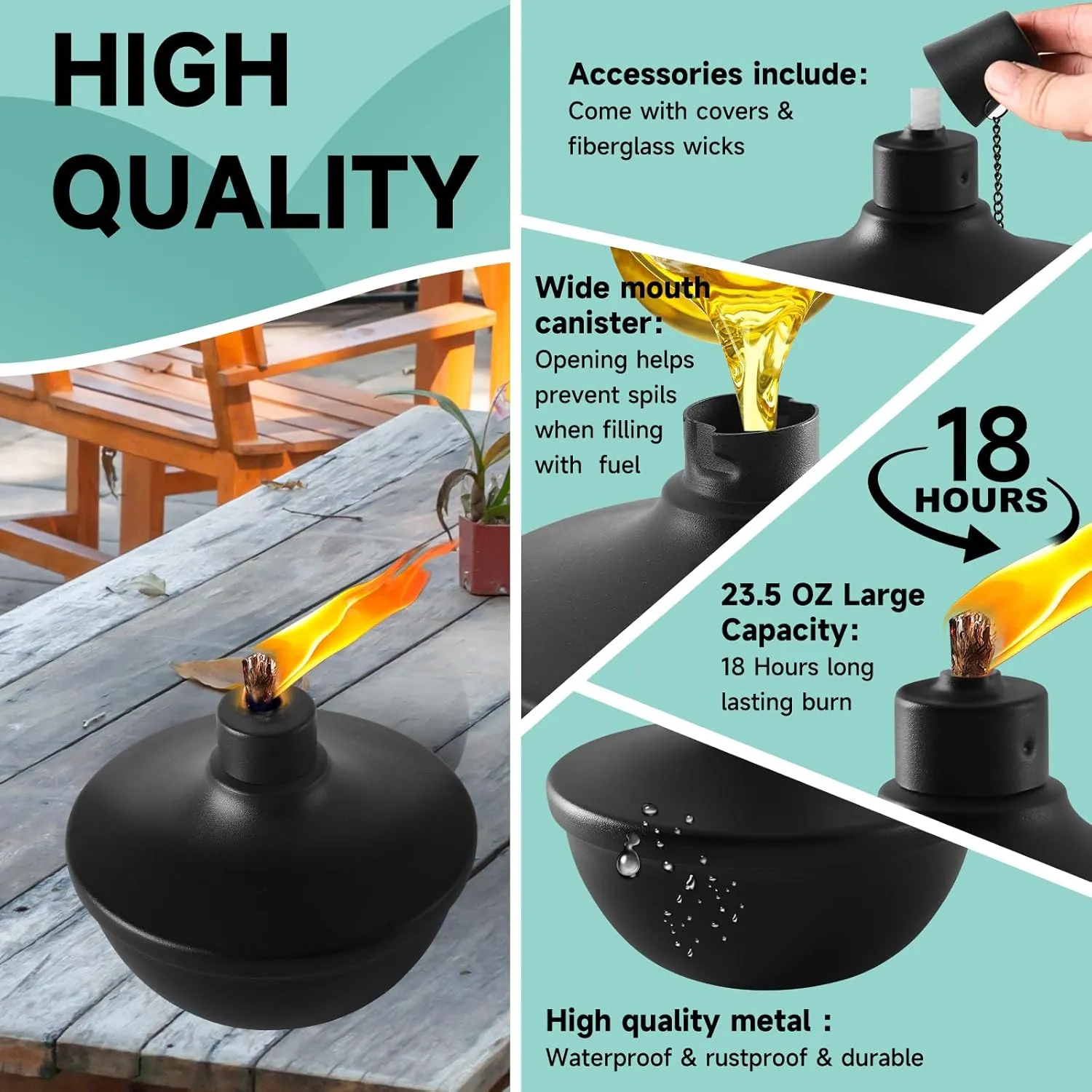4 Pack Metal Table Top Torches,23.5 oz Citronella Torches for Outside,Refillable Flame Light Torch with Wicks and Covers for Party, Garden Decor,DIY