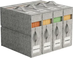 4 Pack Sheet Storage Box (King & Queen Size) with handle, Foldable Sheet Set Organizer for Closet, Sheet Organizer for Blanket, Coverlet and Towel, Grey