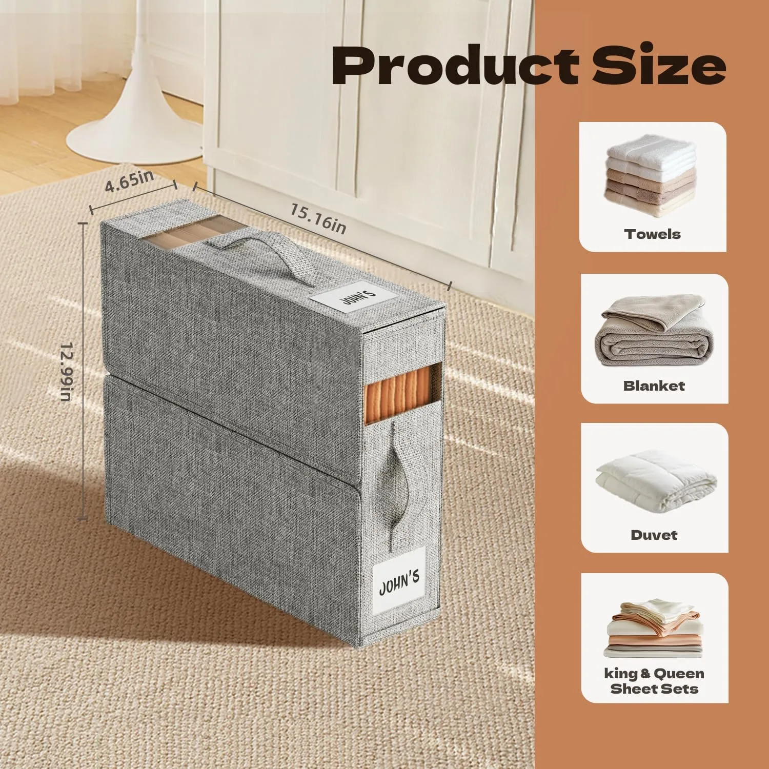 4 Pack Sheet Storage Box (King & Queen Size) with handle, Foldable Sheet Set Organizer for Closet, Sheet Organizer for Blanket, Coverlet and Towel, Grey