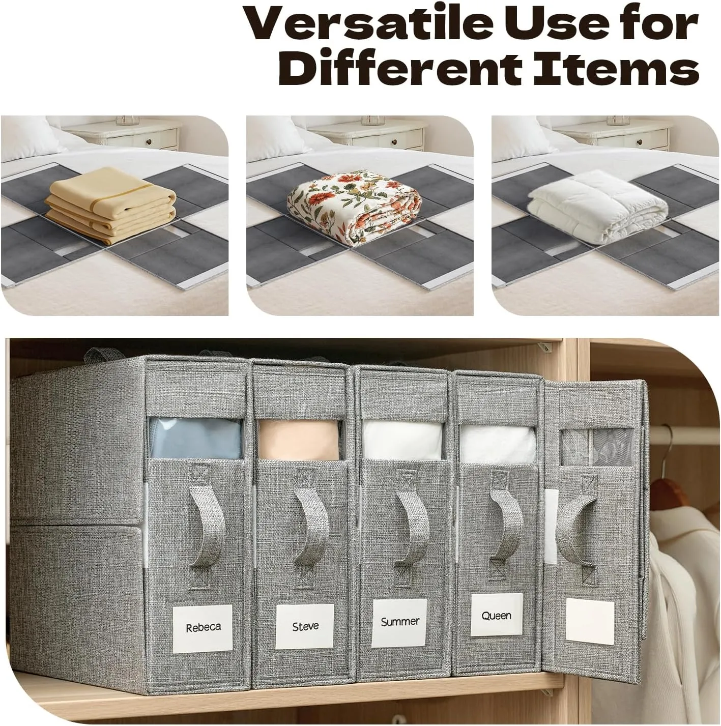 4 Pack Sheet Storage Box (King & Queen Size) with handle, Foldable Sheet Set Organizer for Closet, Sheet Organizer for Blanket, Coverlet and Towel, Grey