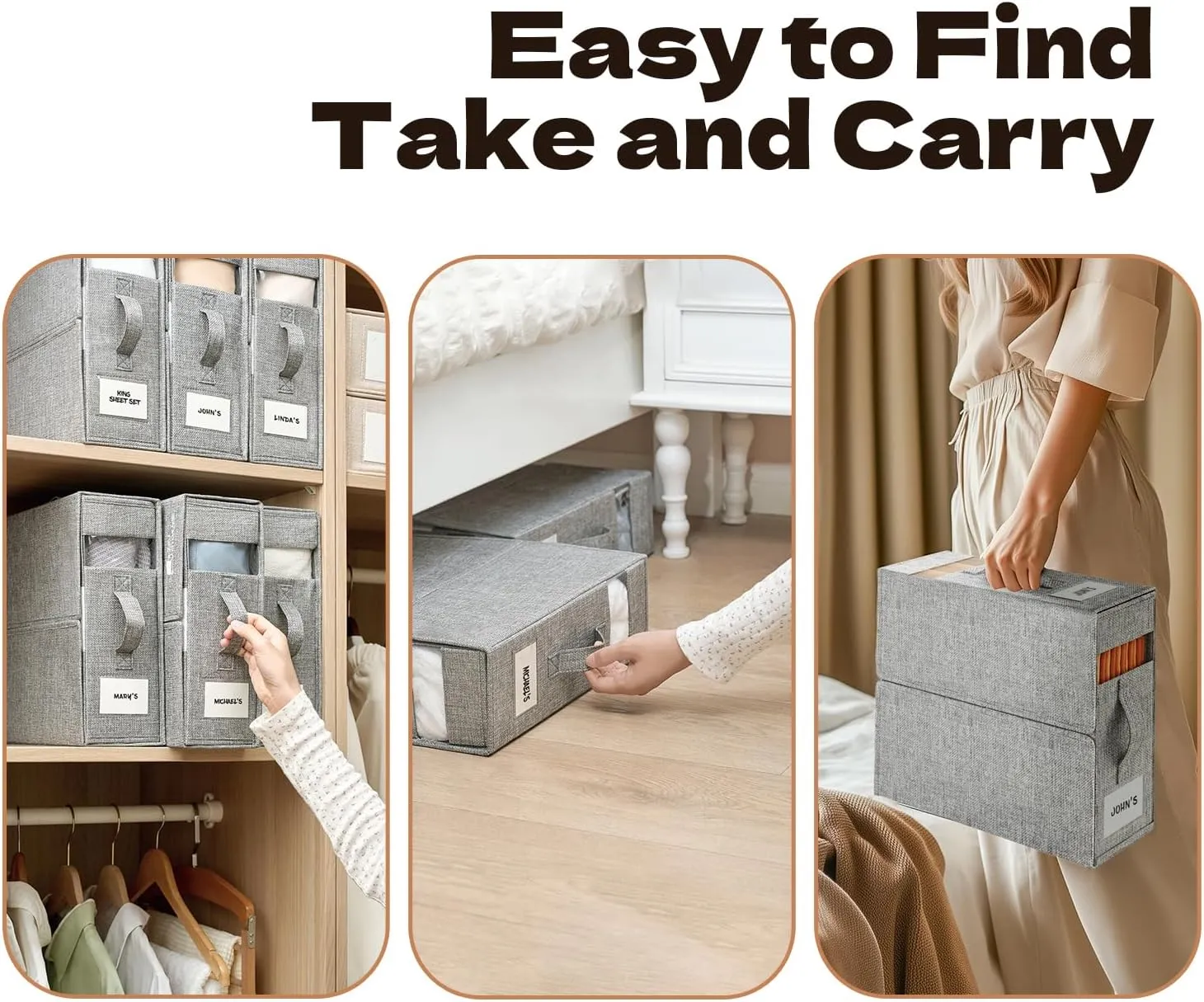 4 Pack Sheet Storage Box (King & Queen Size) with handle, Foldable Sheet Set Organizer for Closet, Sheet Organizer for Blanket, Coverlet and Towel, Grey