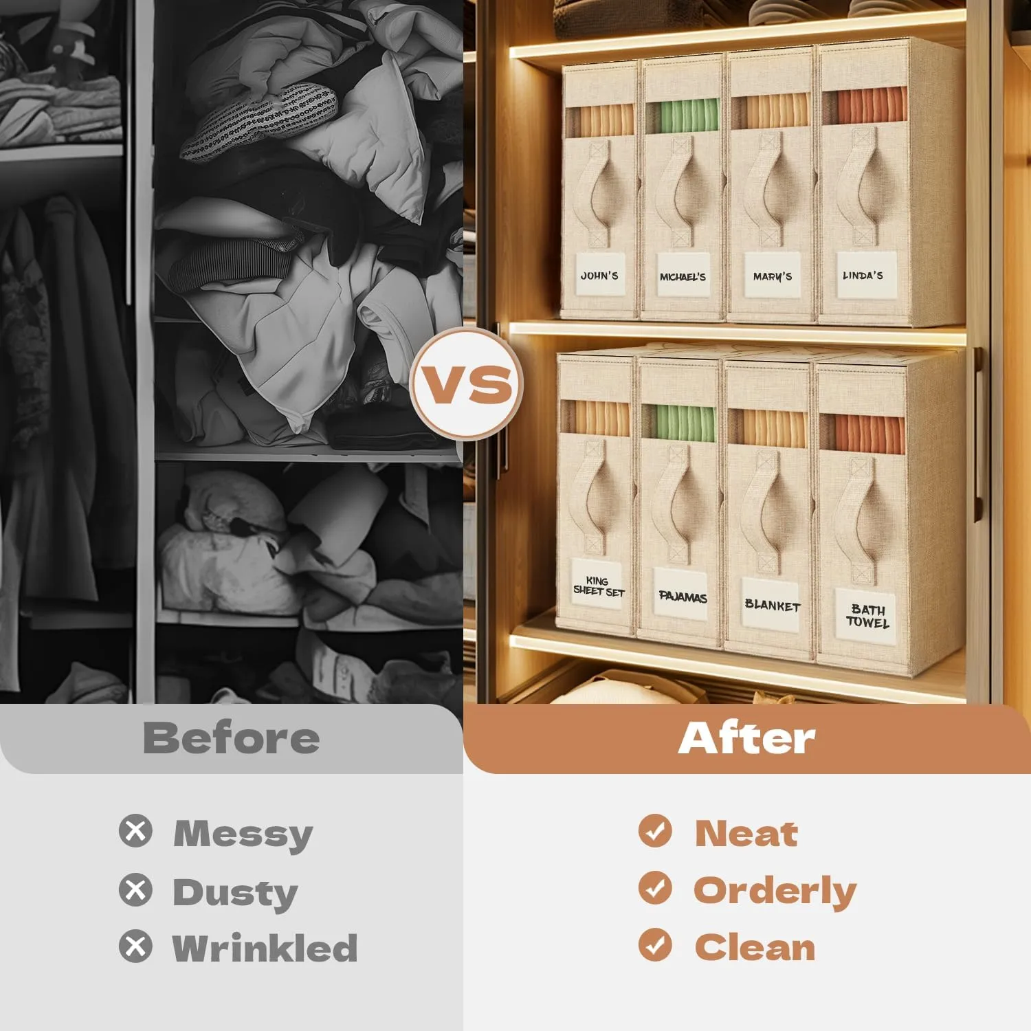 4 Pack Sheet Storage Organizer (King & Queen Size) with handle, Foldable Sheet Set Organizer for Linen Closet, Sheet Organizer for Blanket, Coverlet and Towel, Beige