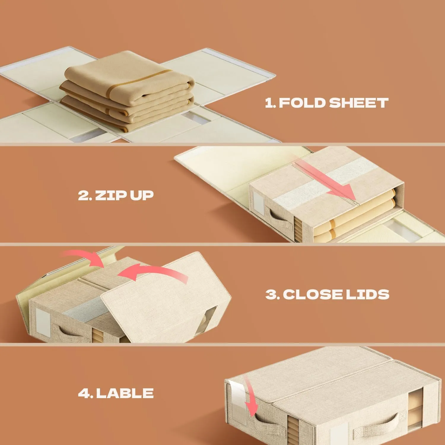 4 Pack Sheet Storage Organizer (King & Queen Size) with handle, Foldable Sheet Set Organizer for Linen Closet, Sheet Organizer for Blanket, Coverlet and Towel, Beige