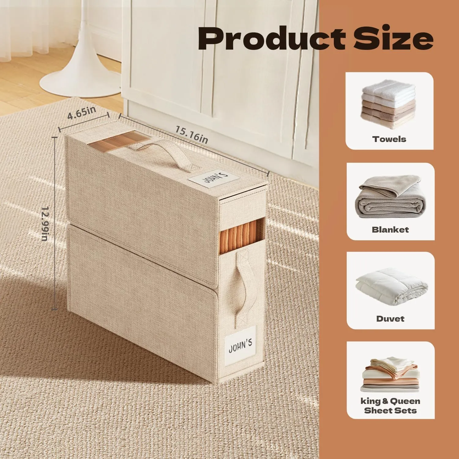 4 Pack Sheet Storage Organizer (King & Queen Size) with handle, Foldable Sheet Set Organizer for Linen Closet, Sheet Organizer for Blanket, Coverlet and Towel, Beige