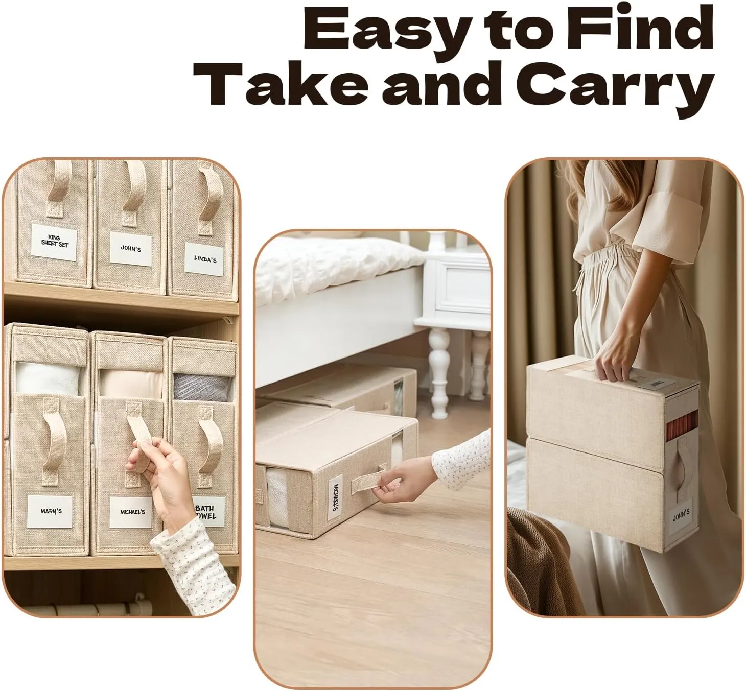 4 Pack Sheet Storage Organizer (King & Queen Size) with handle, Foldable Sheet Set Organizer for Linen Closet, Sheet Organizer for Blanket, Coverlet and Towel, Beige