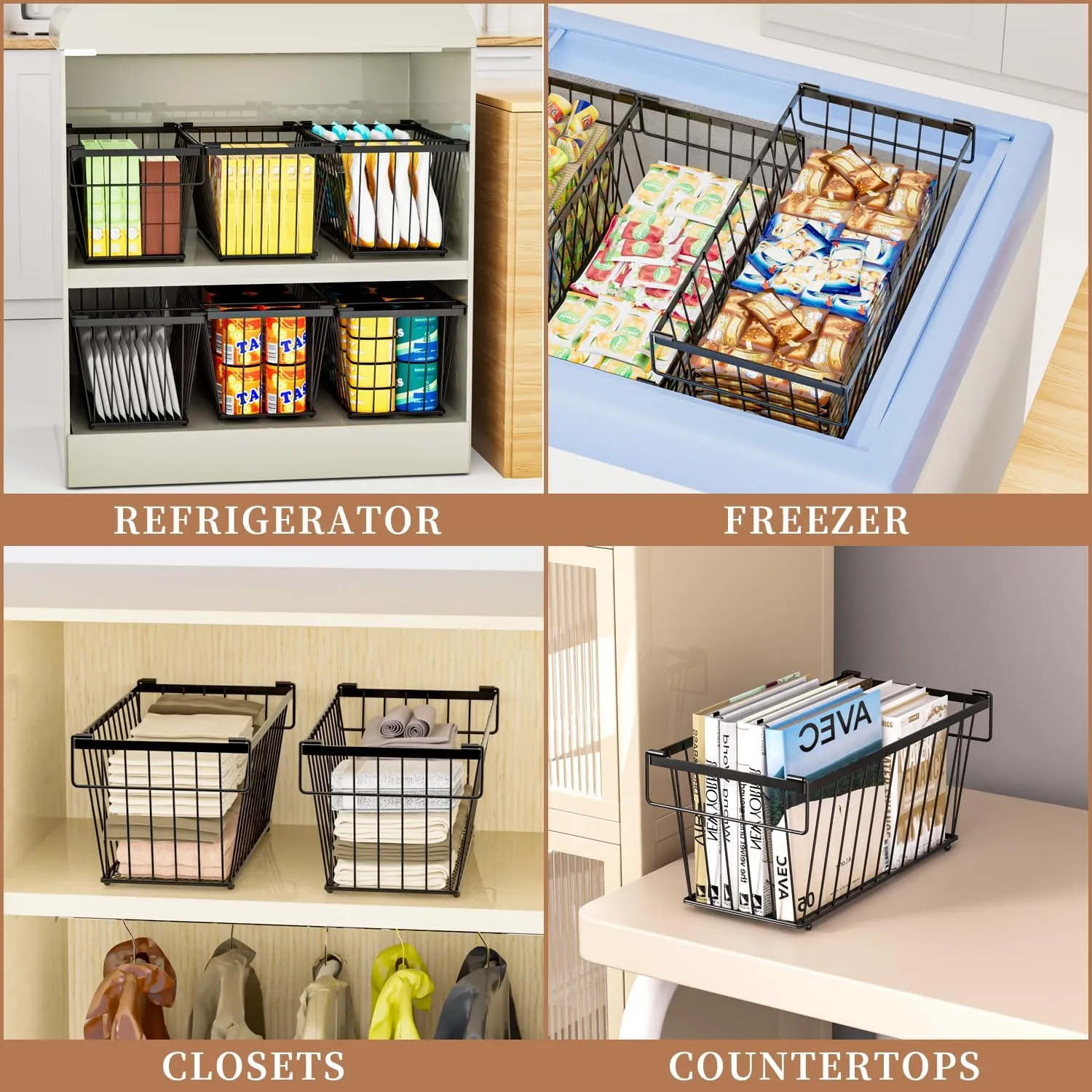 4 Pack Stackable Deep Freezer Organizer Bins ，Upgraded Bottom Leak-Proof net，Encryption and Hardening ， Freezer Organizer Bins for 5 to 7 Cu.FT Small Chest Freezer， Easy Get Bottom Foods