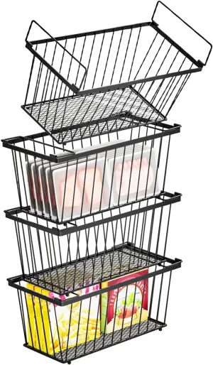 4 Pack Stackable Deep Freezer Organizer Bins ，Upgraded Bottom Leak-Proof net，Encryption and Hardening ， Freezer Organizer Bins for 5 to 7 Cu.FT Small Chest Freezer， Easy Get Bottom Foods