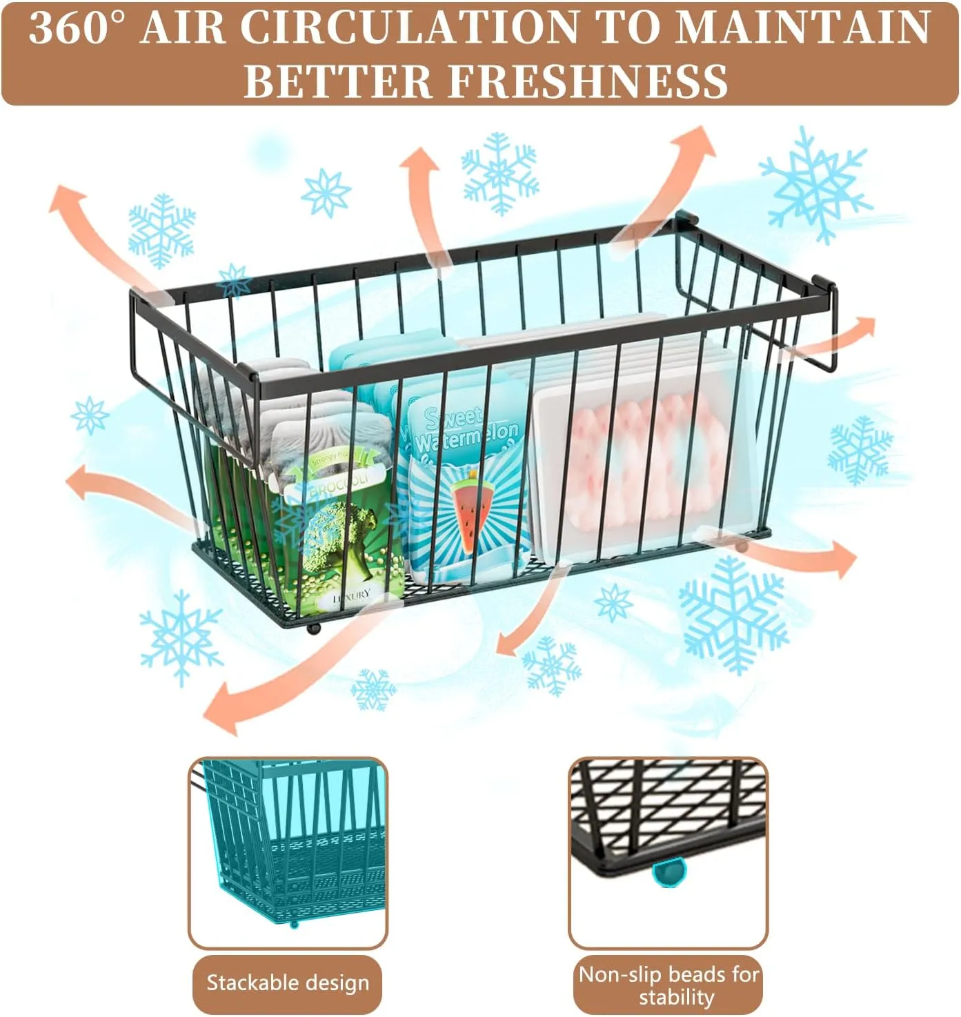 4 Pack Stackable Deep Freezer Organizer Bins ，Upgraded Bottom Leak-Proof net，Encryption and Hardening ， Freezer Organizer Bins for 5 to 7 Cu.FT Small Chest Freezer， Easy Get Bottom Foods