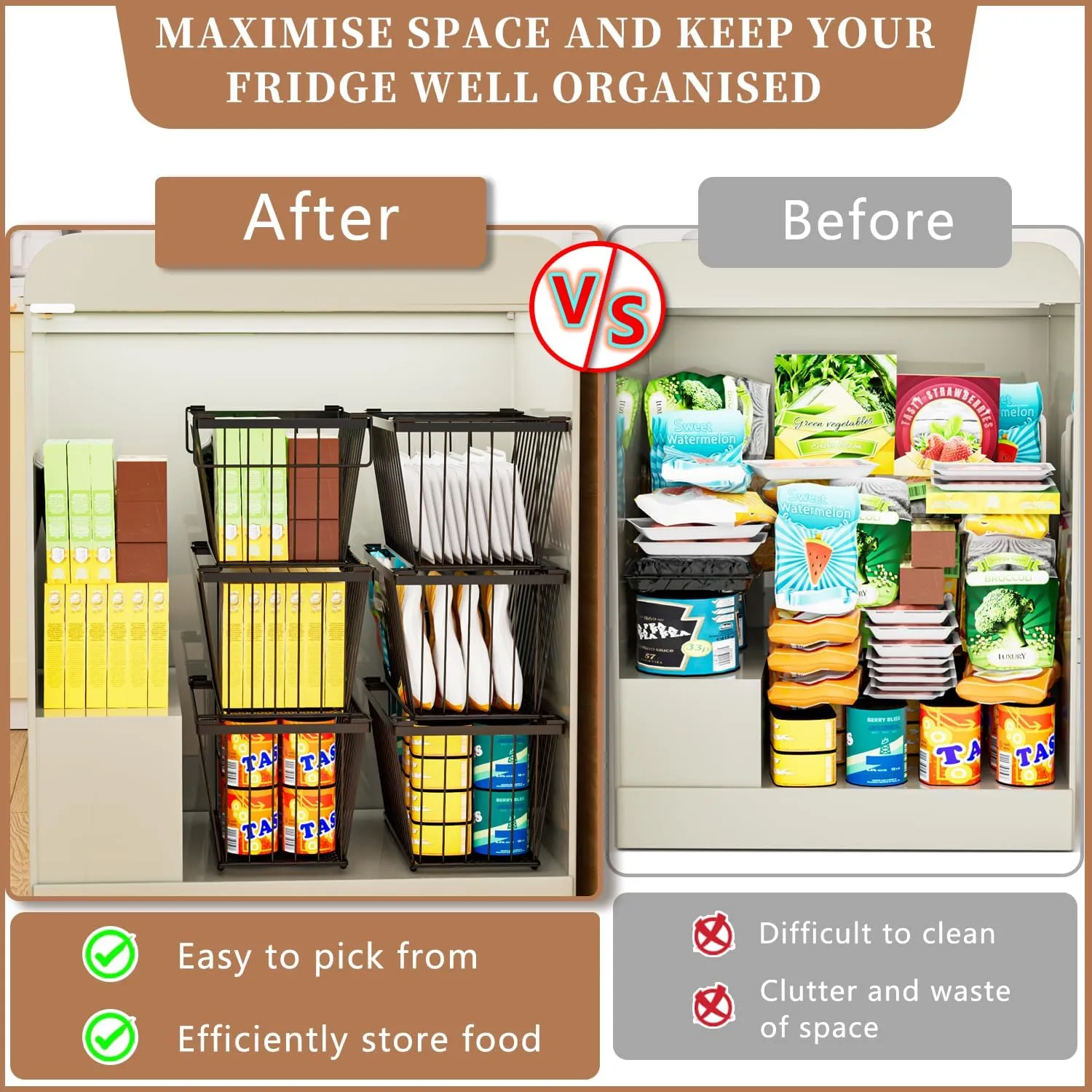 4 Pack Stackable Deep Freezer Organizer Bins ，Upgraded Bottom Leak-Proof net，Encryption and Hardening ， Freezer Organizer Bins for 5 to 7 Cu.FT Small Chest Freezer， Easy Get Bottom Foods