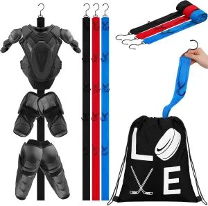 4 Pcs Hockey Gear Drying Rack with Hockey Drawstring Bag Portable Hockey Hanger with 6 Hooks Hanging Hockey Drying Rack Ice Hockey Equipment Organizer Hanging Straps for Hockey Gifts Camp