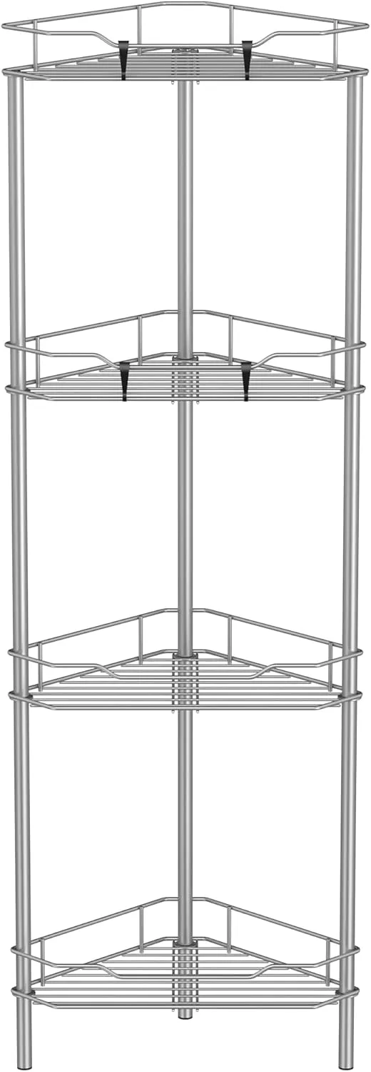 4 Tier Floor Standing Corner Shower Caddy Organizer Shelf with Hooks, Bathroom Shelves Stand Rack, Gray