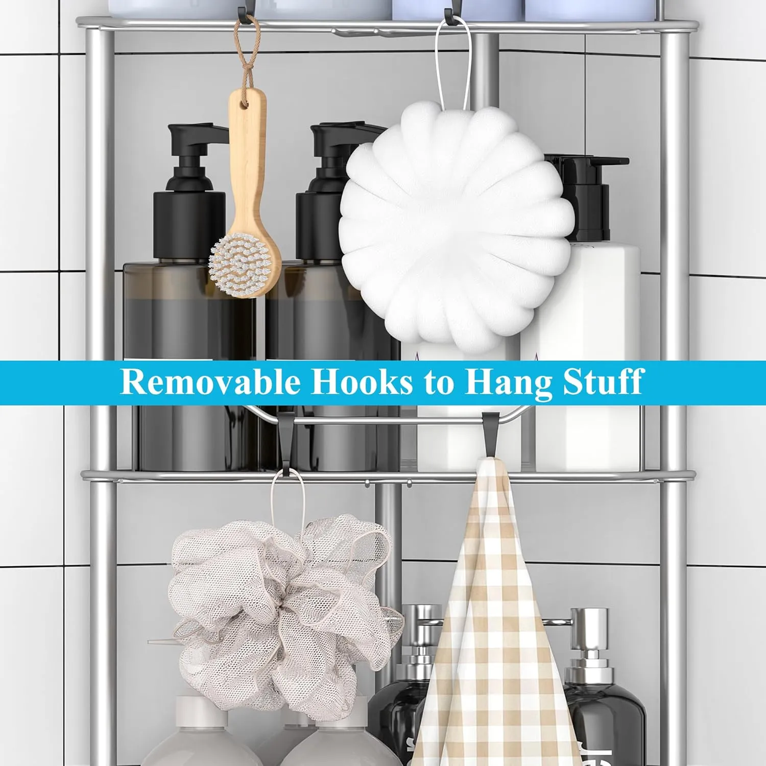 4 Tier Floor Standing Corner Shower Caddy Organizer Shelf with Hooks, Bathroom Shelves Stand Rack, Gray